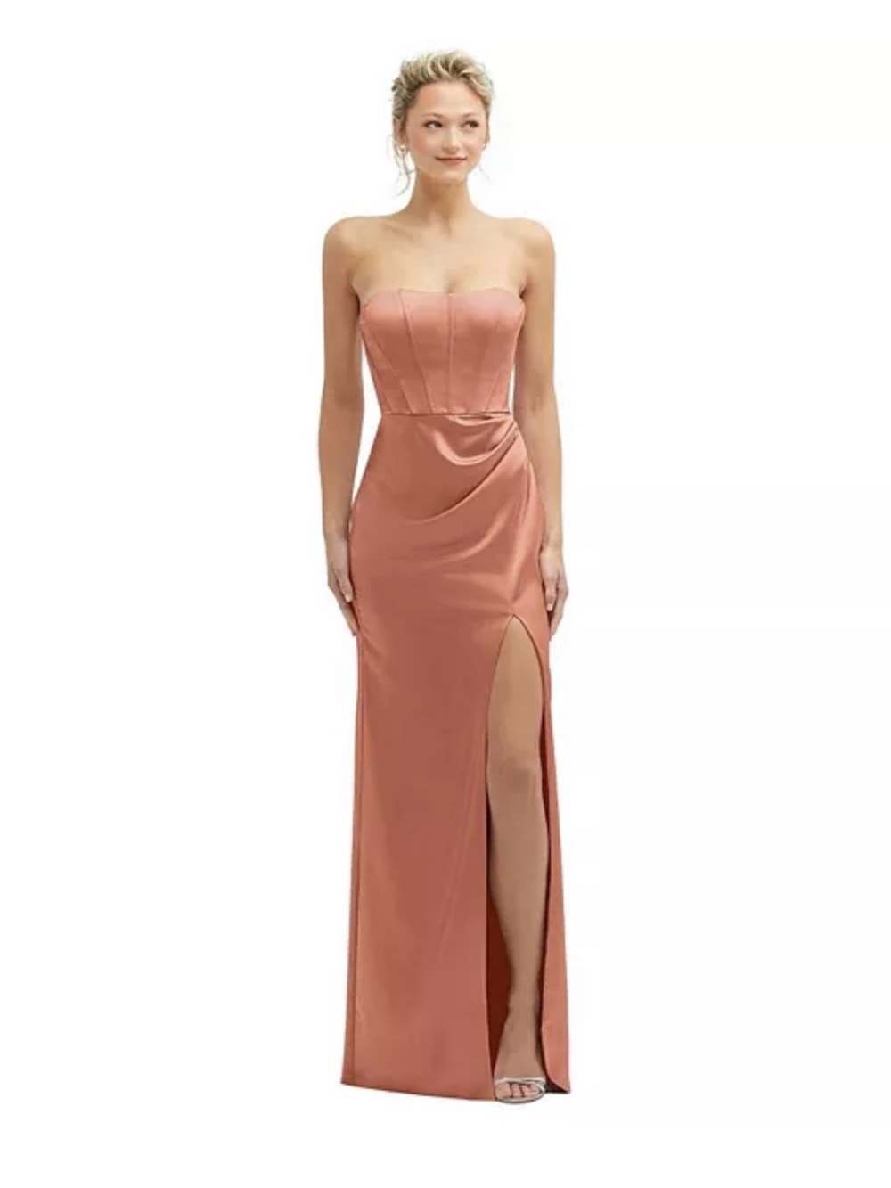 After Six Strapless Topstitched Corset Satin Maxi Dress with Draped Column Skirt